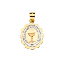 14K Tri Color Gold Primera Communion Religious Charm Pendant For Necklace Chain