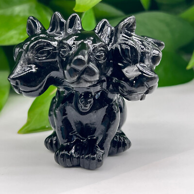 2 ''Natural Obsidian Quartz Hand Carved Cerberus Class Skull Crystal Healing 1pc