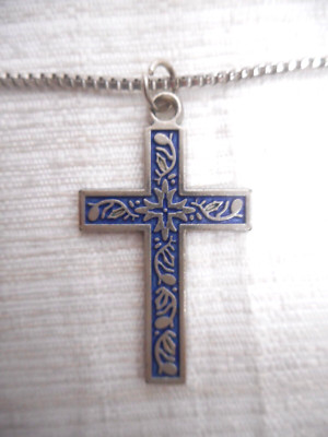 Silver Blue Floral Crucifix Pendant Silvertone Box Chain Detail Christian Cross