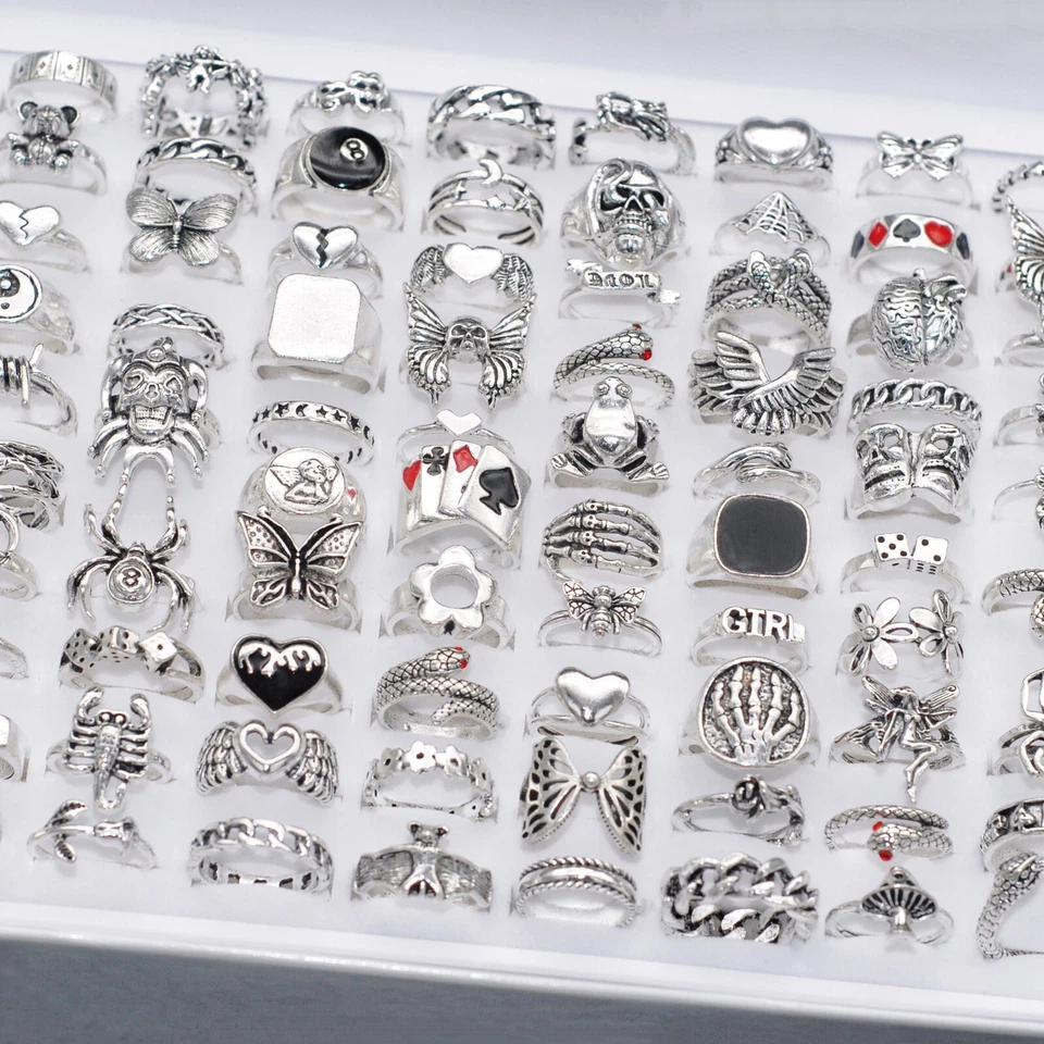 Venta al por mayor 50 Anillos Mezcla Punk Vintage Chapados en Metal Plata Animal Calavera Regalo Gótico Foto 2 de 4