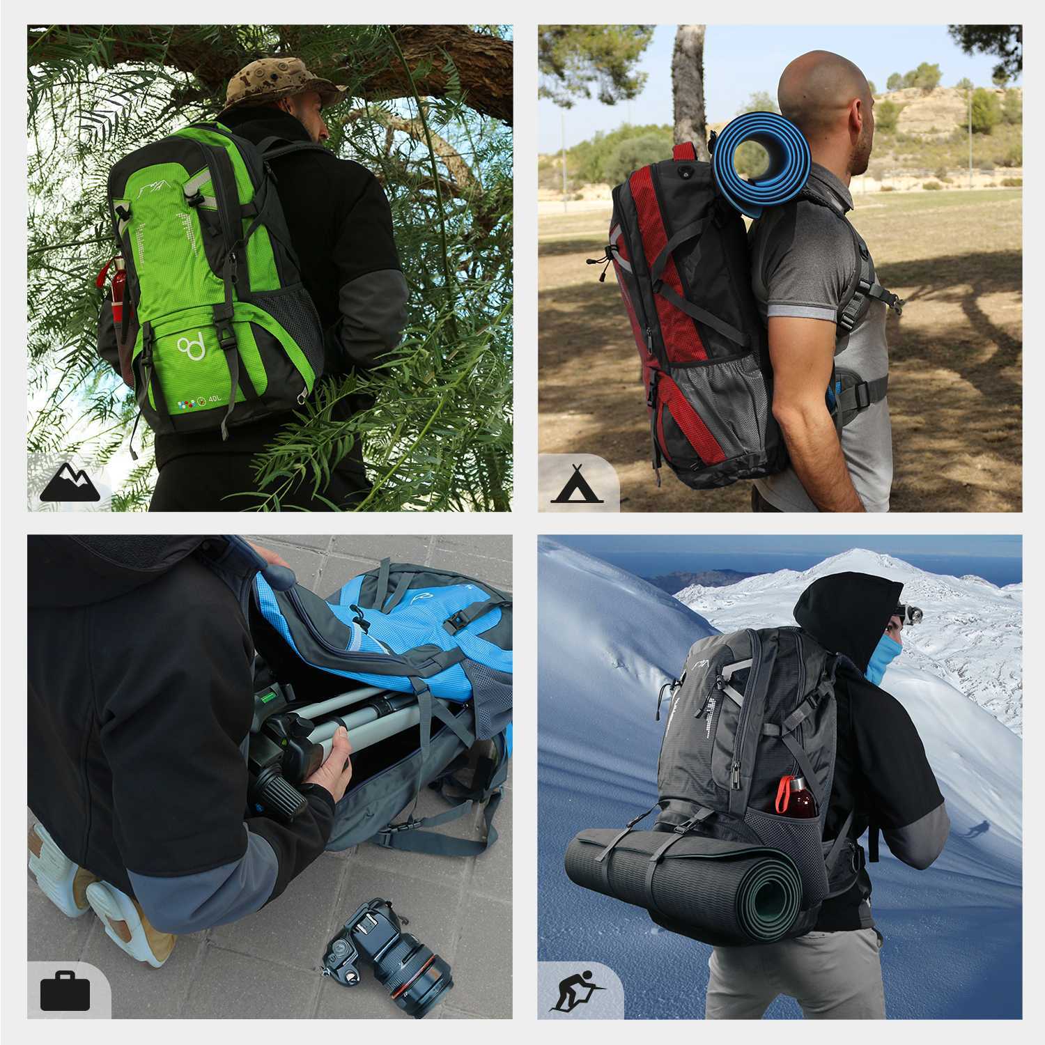 Sac à dos d'escalade imperméable 60L en nylon noir avec dos ventilé antichoc