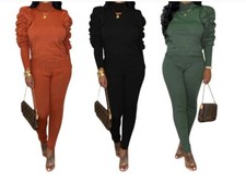 Women Two Piece Tracksuits Puff Sleeve Turtleneck Sweatshirts Long Pants Casual