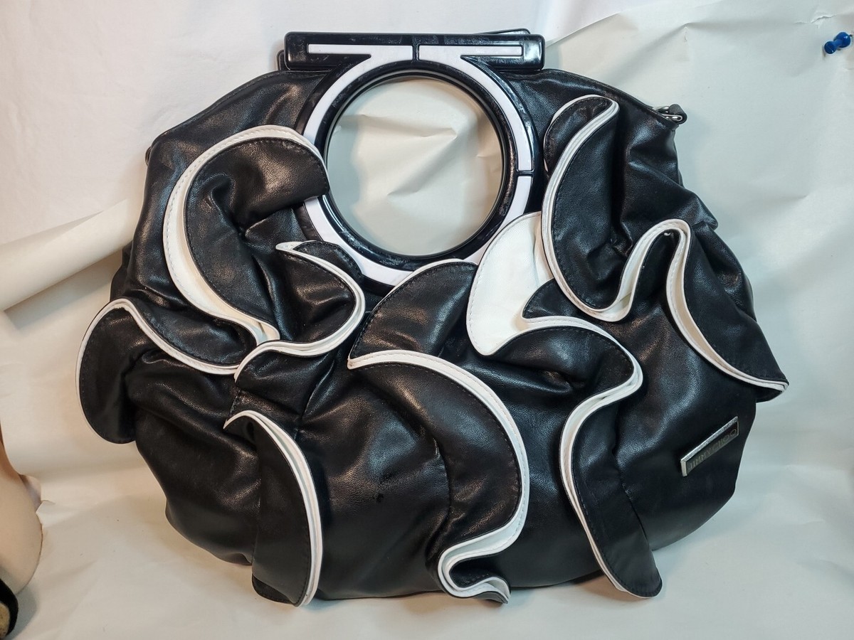 Vintage Jimmy Choo Hand Bag Handbag Purse Black White Ruffle