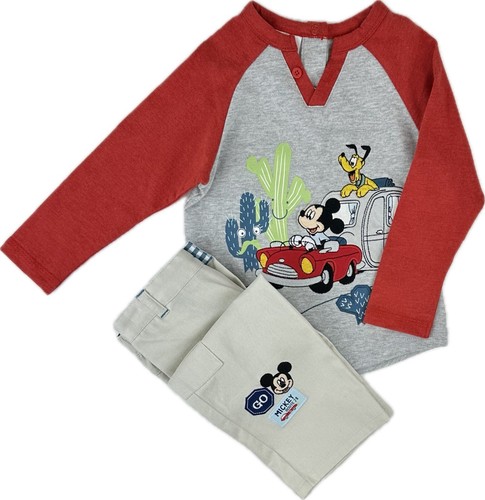 Disney Store Baby 2 Pc Red Grey Cotton Mickey Pluto T Shirt Pants Set 18-24 MO - Picture 1 of 3