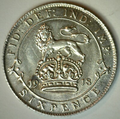 1918 UK Great Britain Silver 6 Pence Uncirculated Sixpence Tanner 6P ...