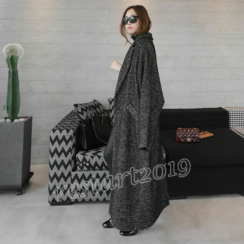 Womens Maxi Long Trench Coat Thick Loose Warm Lapel Wool Blend
