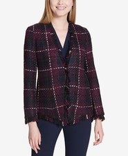 Calvin Klein Blazer open Fringe Trim Plaid Tweed Burgundy Sz 10 NEW NWOT N166