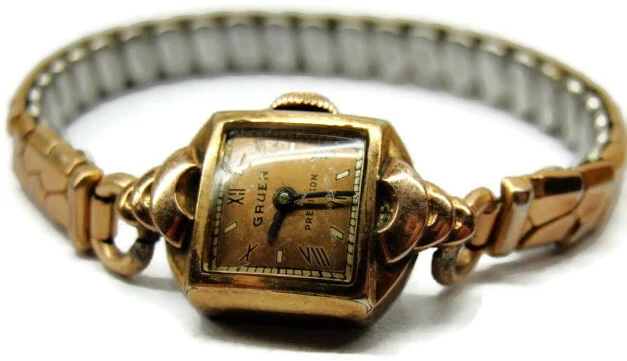 Reloj Mujer Vintage GRUEN 10K Placa Oro Rosa Esterlina 17J-Mech Run Swiss Foto 4 de 4