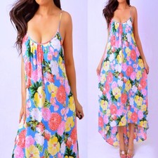 BELLE & SKY Blue Red Yellow Green Floral Hi Low Spaghetti Dress XL Extra Large