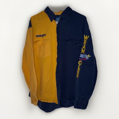 VTG Wrangler Men's L Western Shirt Blue Yellow Bull Riding Rodeo 90s Colorblock
