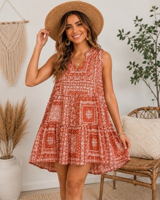 True Craft XL Coral Bandana Print Tiered Tunic Dress Boho Festival Rayon