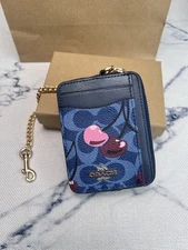 C.OACH CZ468 Zip Card Case Signature Cherry Mini Wallet Denim Multi