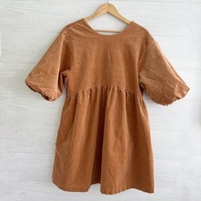 Everlane Camel Corduroy Mini Dress Puff Sleeve Scoop Back Pockets Women’s L