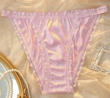 New XL Glossy Pink 2nd Skin Satin  Lace Slippery Soft String Bikini Pantie