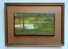 Vintage Summer Pond Landscape Painting On Wood Signed "BF" (P174)