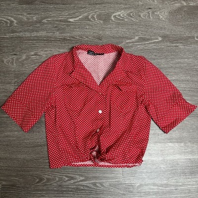Rafaella Short Crop Top Shirt Blouse Sz 10 Red White Polka Dot Rosie Riveter