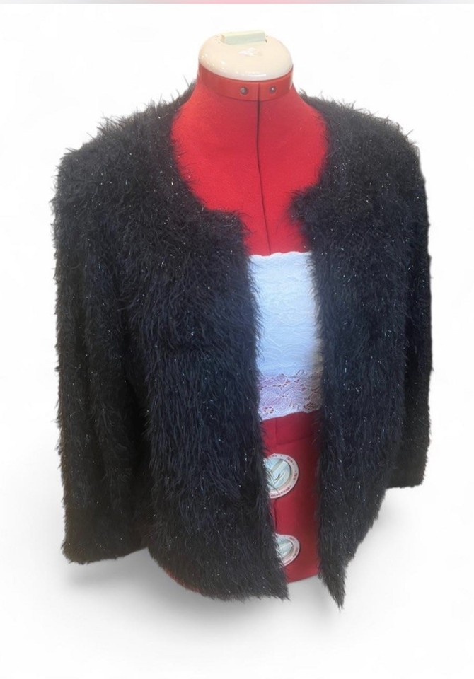 Black fuzzy faux fur Shaggy Jacket Size L sparkle mop mum dopamine 