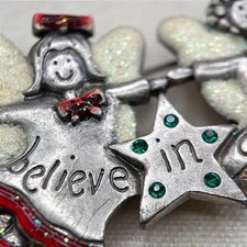 Vintage AJMC Christmas Angel Pin Brooch "Believe in Angels" Glitter Enamel