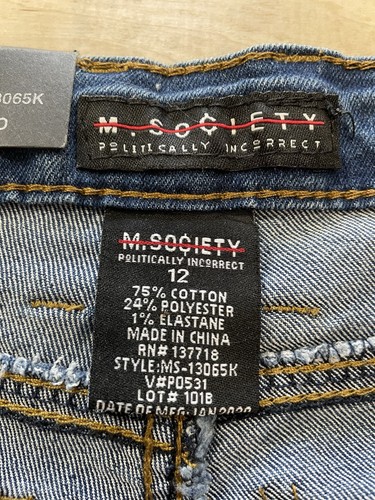 M. Society Politically Incorrect Jeans Girls Size 12 Blue Faded Distressed Denim - Picture 3 of 6