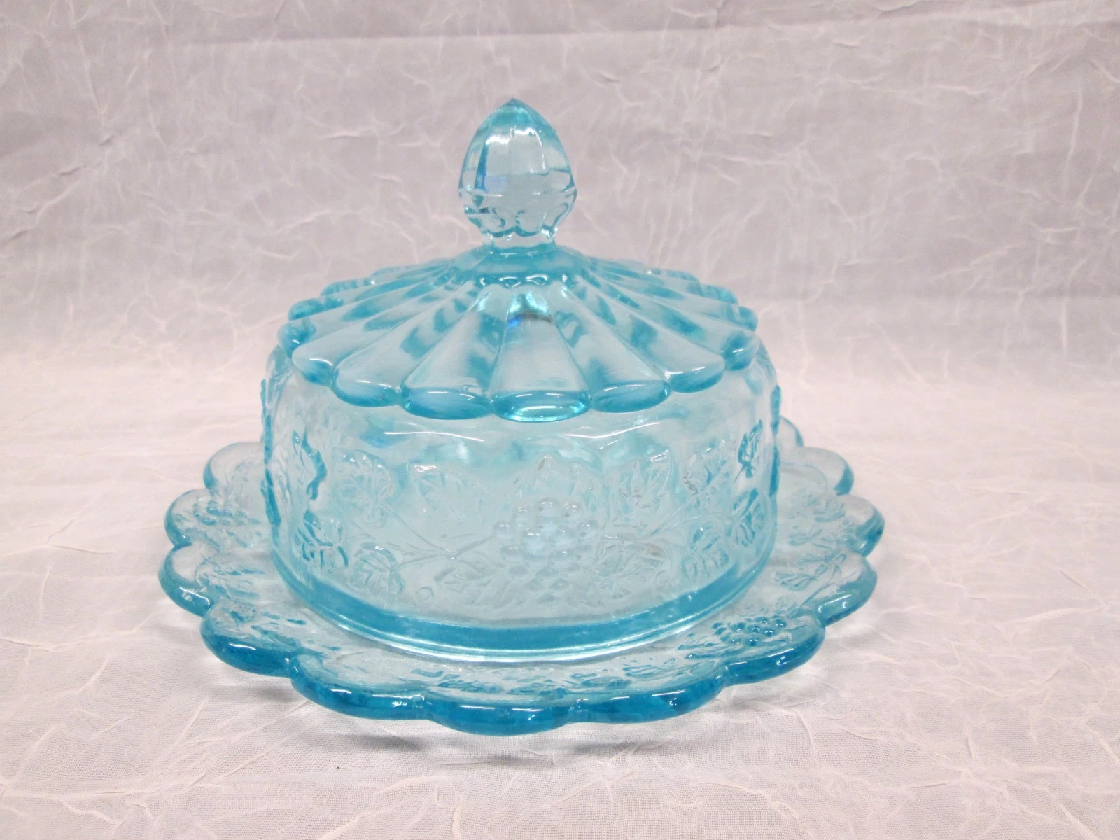 Fenton Light Blue Opalescent Paneled Grape Covered DOMED LID BUTTER CHEESE DISH