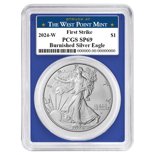2024-W Burnished $1 American Silver Eagle PCGS SP69 FS West Point Label Blue
