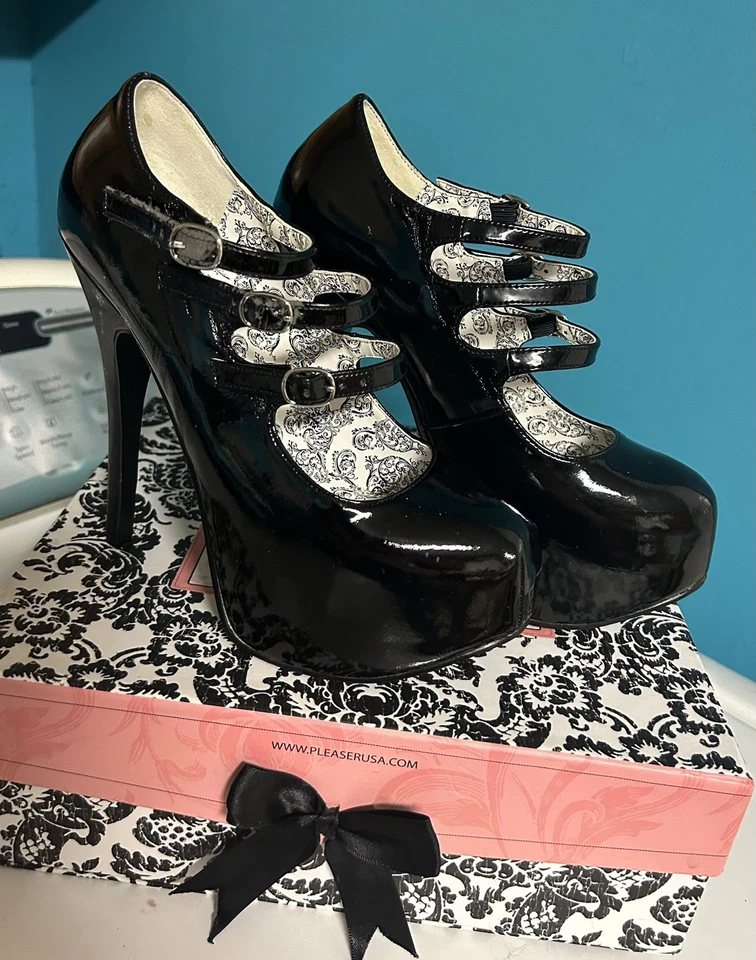 Bordello Black Spiked Platform Pinup Pumps Pleaser 7 Stripper Shiny Retro Mary - Image 2 of 4