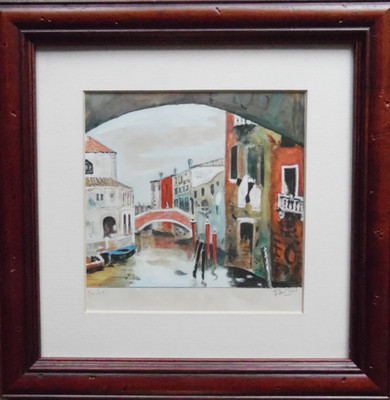 Venedig Brücke + Kanalblick, Original Gouache nach Roland Oudot