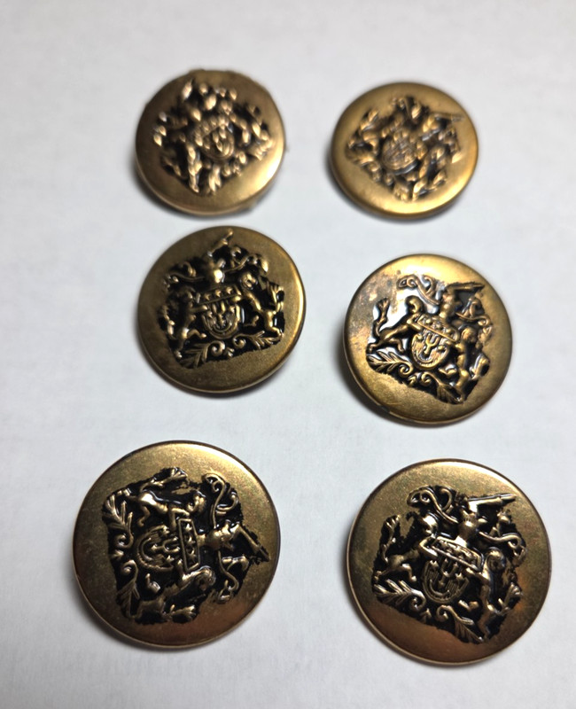 6 Vintage Coat of Arms Style Gold Metal Fashion Buttons 1 With FLAWED Backing
