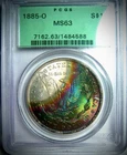 1885-O Morgan $ PCGS MS63 OGH - Gorgeous Rainbow Green Red Blue Toning PG Gem