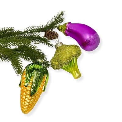 Broccoli, Corn and Eggplant SET OF 3 Glass Ornaments Christmas Decoration Set
