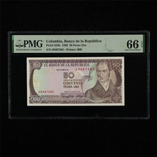 1986 Colombia Banco de la Republica 50 Pesos Oro Pick#425b PMG 66 EPQ Gem UNC