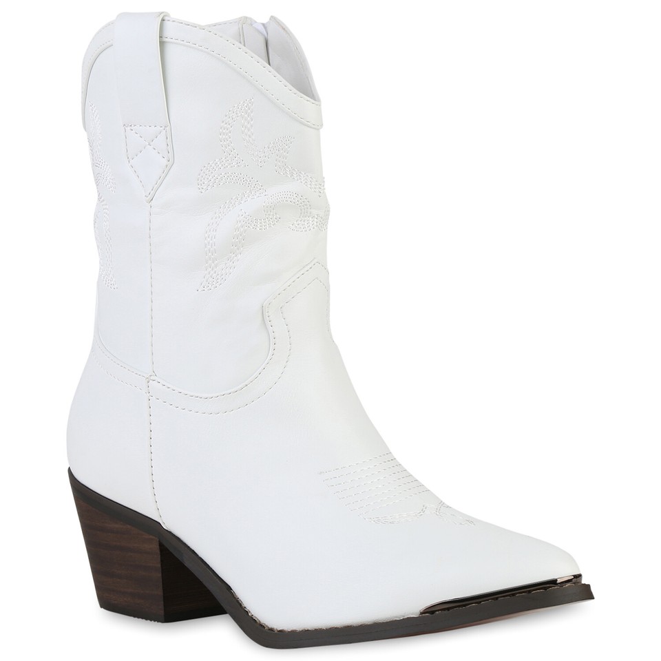 Damen Cowboy Boots Stiefeletten Stickereien Holzoptikabsatz 839934 ...