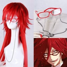 Cosplay Wigs Black Butler Grell Sutcliff Long Red Hair Red Glasses Chain