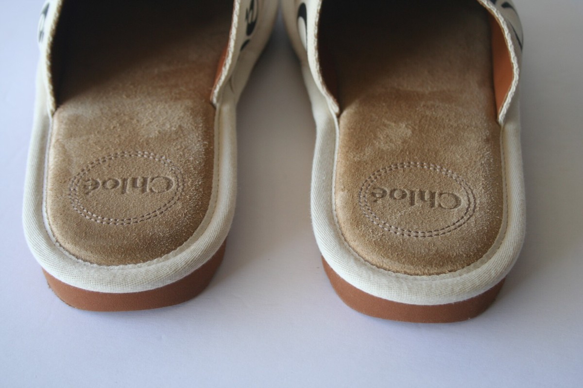 NEW Chloe Beige WOODY Canvas/Leather Slippers Sz 38 (US 8