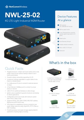 NEW NetComm Wireless 4G LTE Light Industrial M2M Router NWL-25-02