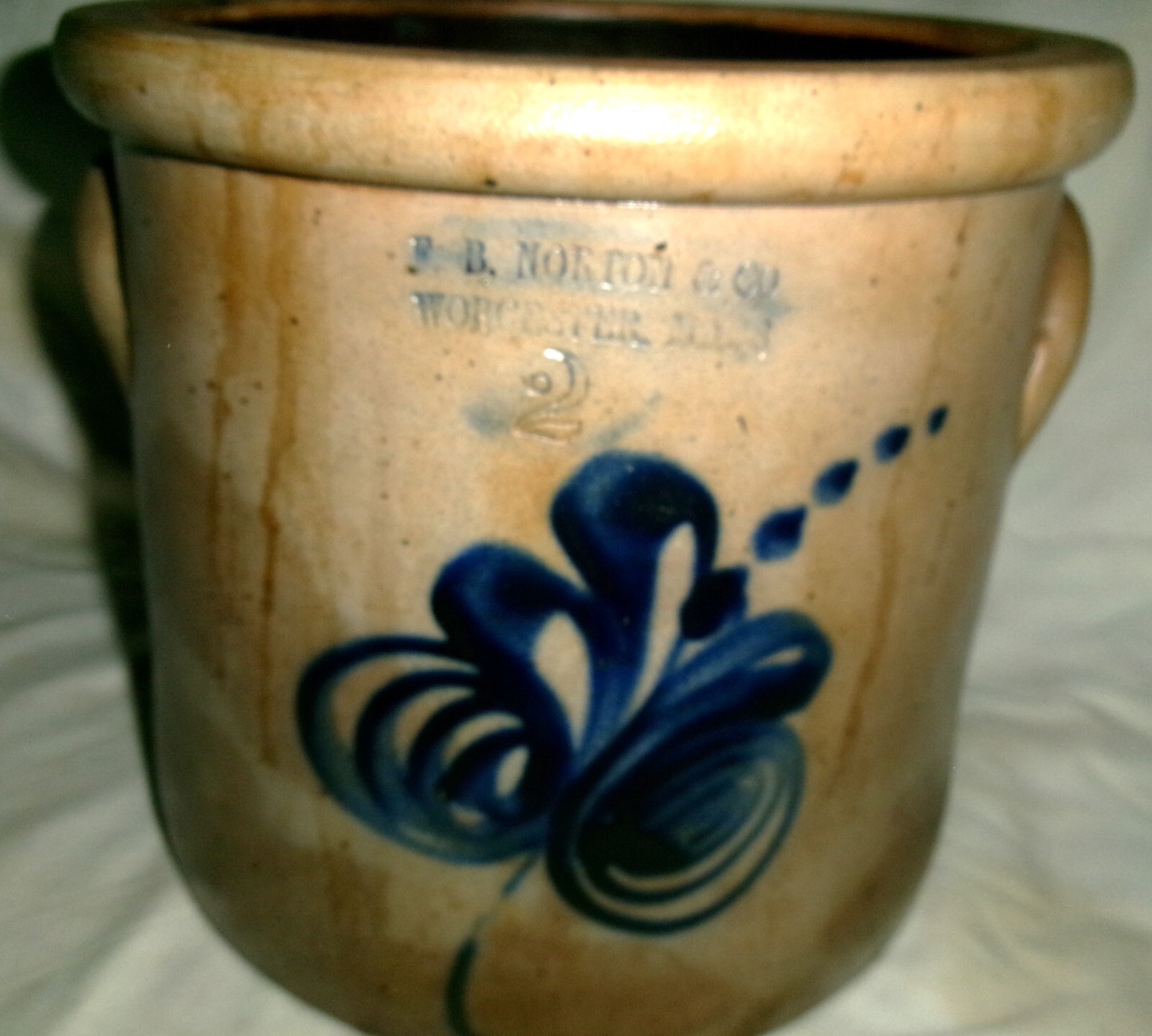 MINT ANTIQUE PRIMITIVE F.B. NORTON & CO. WORCESTER MA ART STONEWARE FLORAL CROCK