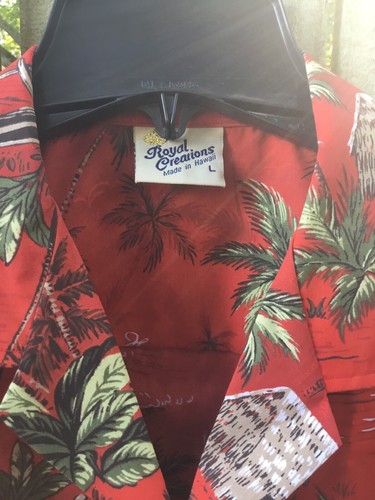 Royal Creations Made Hawaii RED FLoral Hawaiian CAMP SHIRT L Mens - Picture 3 of 5