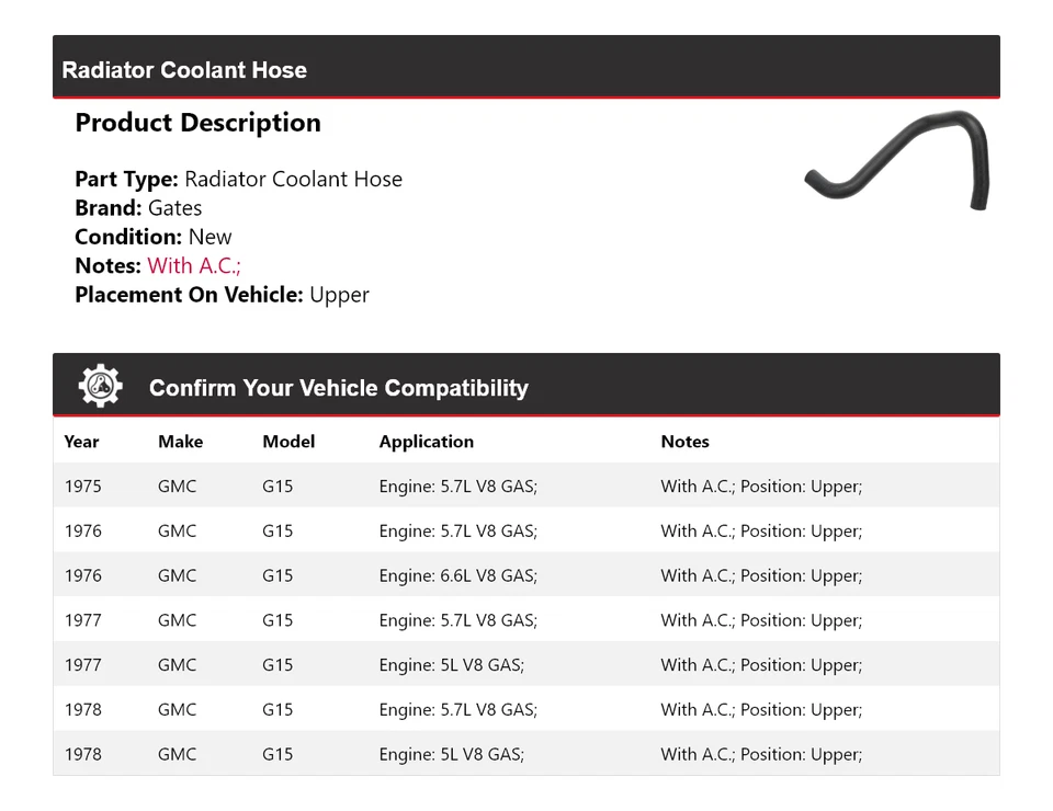 For 1975-1978 GMC G15 Radiator Coolant Hose Upper Gates 1976 1977 - Image 2 of 4