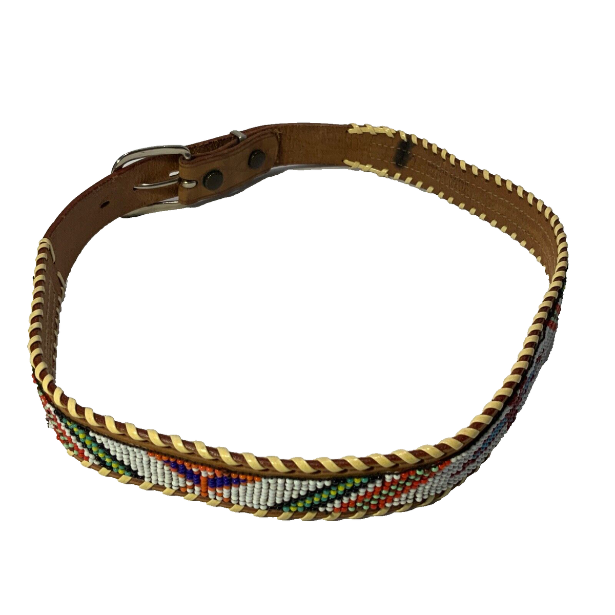 sz 32 Vintage 1960\'s Thunderbird Western Cowgirl Leather Belt Glass Beaded Thunderbird Seed Beaded Brown Leather Southwestern Belt Size  main image 4