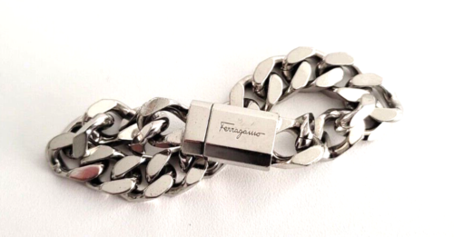 Vintage Signed Salvatore Ferragamo Chain Link Silver Stainless Steel Bracelet - Foto 1 di 8