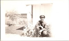 Vtg B W Found Photo WW2 US Army Soldier Handsome Man Uniform Home Posing Garden