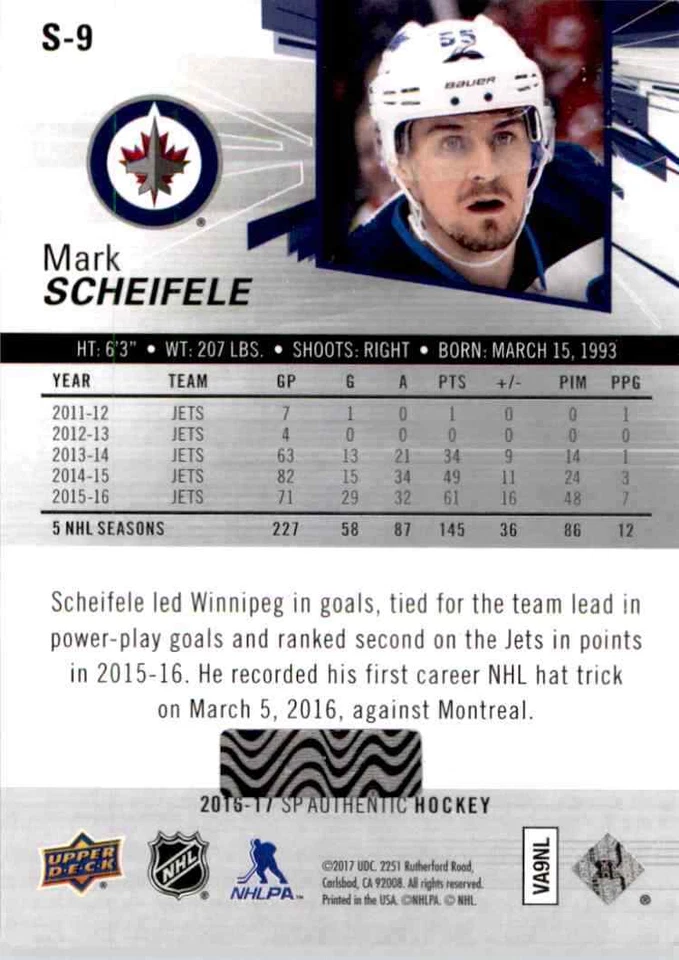 2016-17 SP Authentic Spectrum Mark Scheifele #S-9 - Image 2 of 2