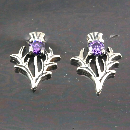 925 Sterling Silver Scottish Thistle Flower Stud Post Earrings w/ Amethyst CZ - Image 2 of 3