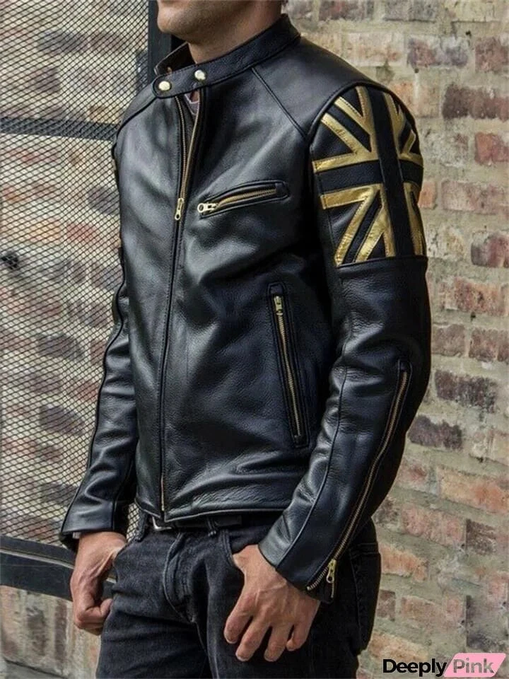 Mens Vintage Motorcycle Cafe Racer Biker Black Union Jack UK Flag Leather Jacket