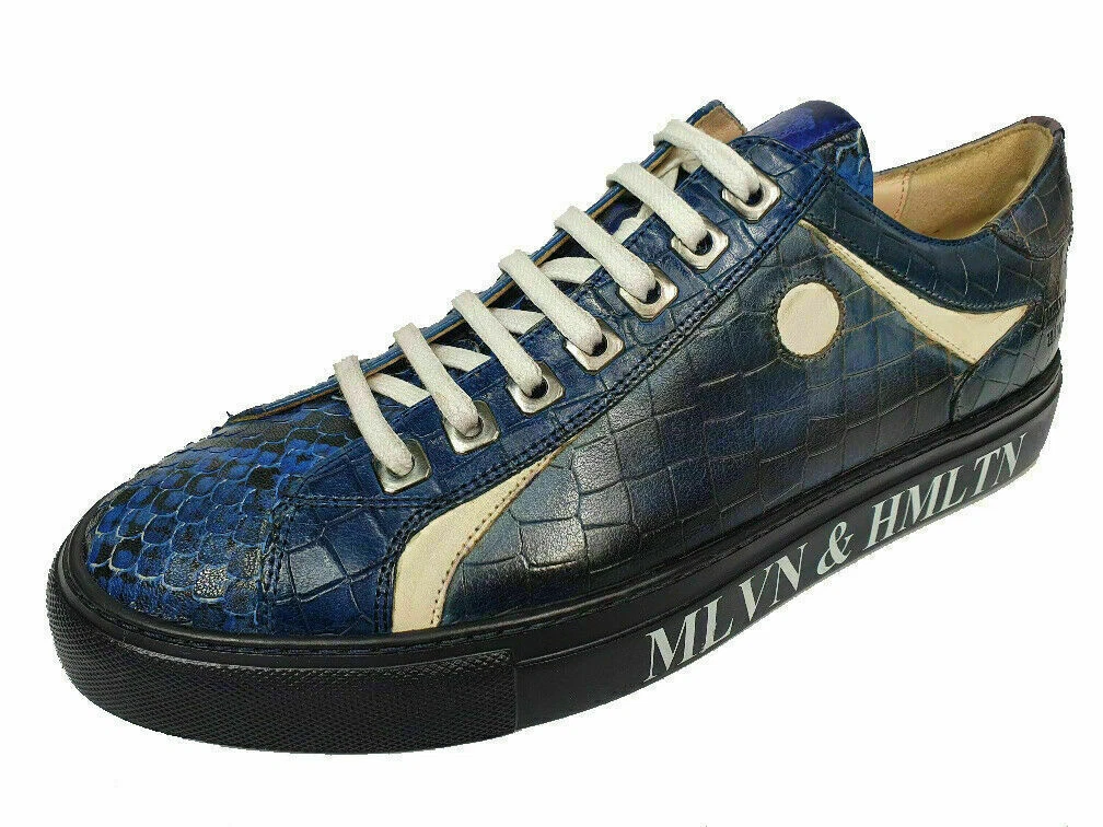 Melvin Hamilton Men s Design Leather Trainers Harvey9 Snake Low Top Blue White