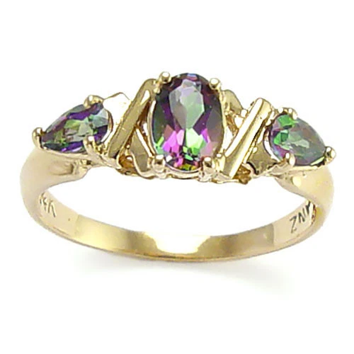 Anillo de topacio verde de tres piedras de oro amarillo macizo de 14k #R443 Foto 2 de 4