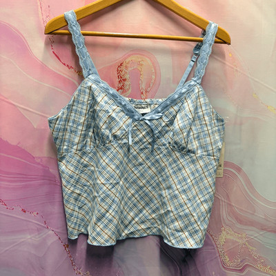 No boundaries XL Light Blue Plaid Babydoll Tank Top Romantic Retro Chic Boho Y2K