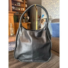 Margot Black Leather Large Wrapped Braided Handles Hobo Style Shoulder Bag Tote 