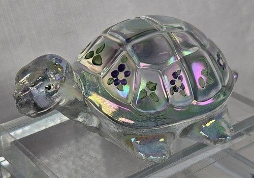 Fenton Iridescent Carnival Glass Turtle Hand Painted Floral Signed Paperweight