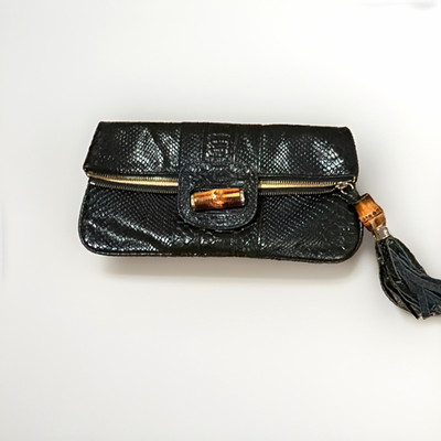 Authentic GUCCI Black Python Leather Bamboo Tassel Clutch Bag 267089 